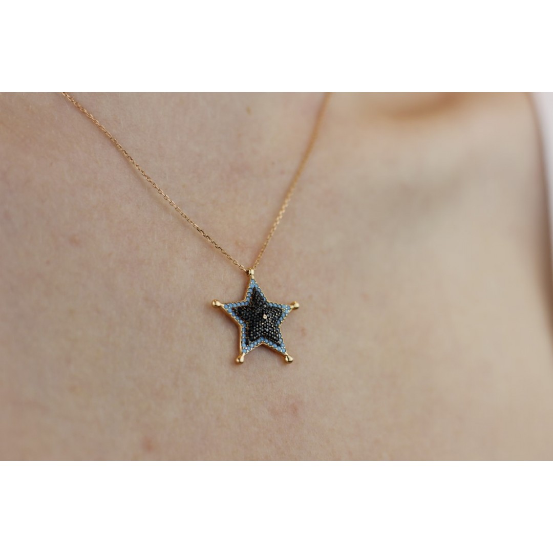 Mavi ve Siyah Taşlı Yıldız Figürlü Kolye ZN00484